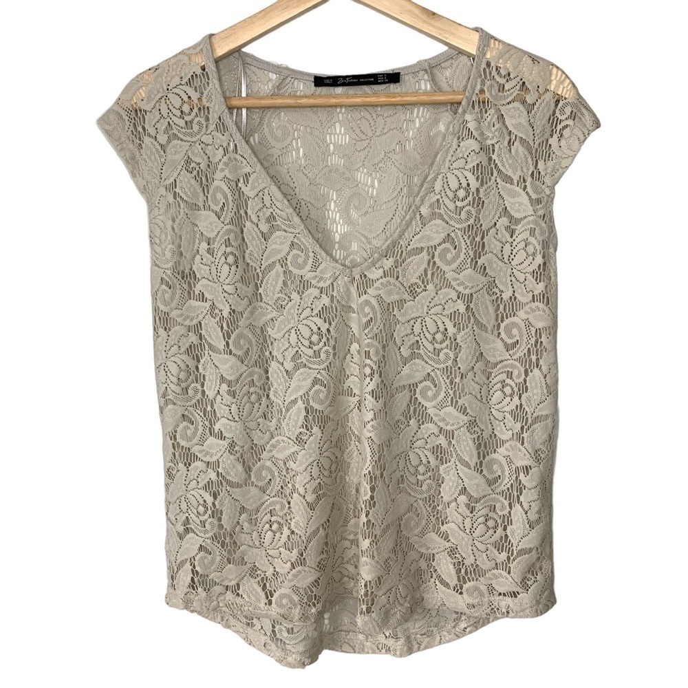 ZARA Trafaluc Cream Sheer Floral Lace Cap Sleeve Blouse Women's Size Small
